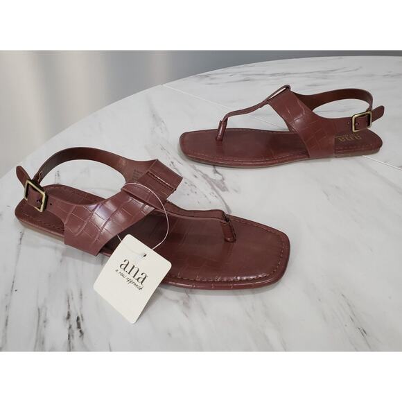 a.n.a -‎ Womens Kate T-Strap Flat Sandals Brown Cognac Faux Leather Crocodile 8 - Picture 6 of 8